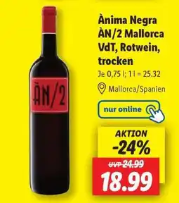 Lidl Ànima Negra ÀN/2 Mallorca VdT, Rotwein, trocken Angebot