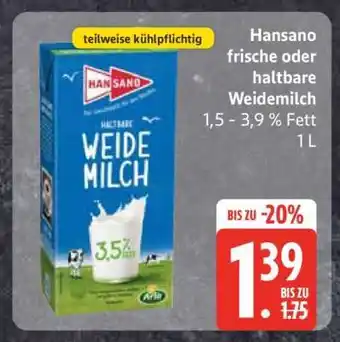 Edeka Hansano frische oder haltbare Weidemilch Angebot