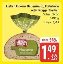 Edeka Lieken Urkorn Bauernmild, Mehrkorn oder Roggenbäcker, Schnittbrot Angebot