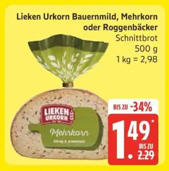 Edeka Lieken Urkorn Bauernmild, Mehrkorn oder Roggenbäcker, Schnittbrot Angebot