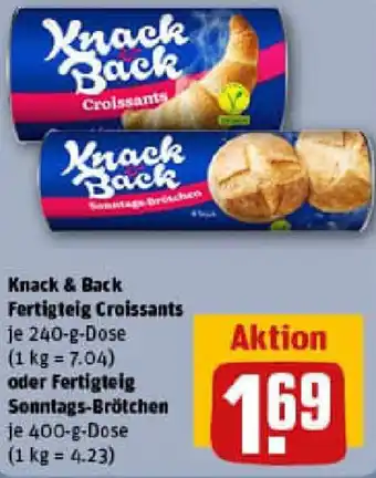 REWE Knack & Back Fertigteig Croissants oder Fertigteig Sonntags-Brötchen Angebot