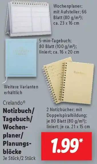 Lidl Crelando Notizbuch/ Tagebuch/ Wochenplaner/ Planungsblöcke Angebot