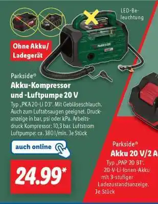Lidl Parkside Akku-Kompressor und -Luftpumpe 20 V Angebot