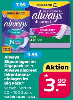 NETTO Always Slipeinlagen im Gigapack oder Always discreet Inkontinenzeinlagen im Big Pack Angebot