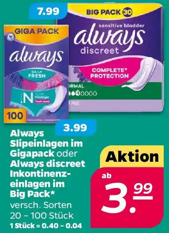 NETTO Always Slipeinlagen im Gigapack oder Always discreet Inkontinenzeinlagen im Big Pack Angebot