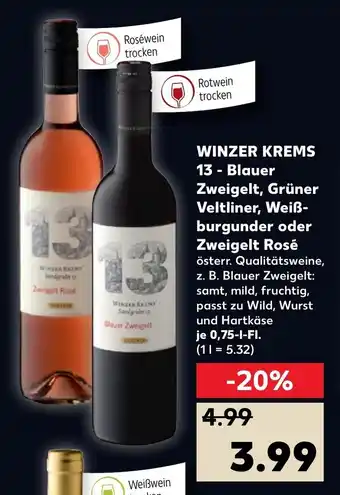 Kaufland Winzer Krems 13 Blauer Zweigelt, Grüner Veltliner, Weißburgunder oder Zweigelt Rosé 0,75L Angebot