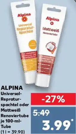 Kaufland ALPINA Universal Repraturspachtel oder Mattweiß Renoviertube Angebot