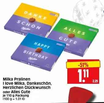 Edeka Herkules Milka Pralinen I Love Milka, Dankeschön, Herzlichen Glückwunsch oder Alles Gute 110g Angebot