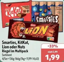 Aktiv Irma Smarties, KitKat, Lion oder Nuts Riegel im Multipack Angebot