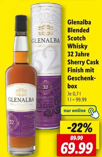 Lidl Glenalba blended scotch whisky 32 jahre sherry cask finish mit geschenkbox Angebot