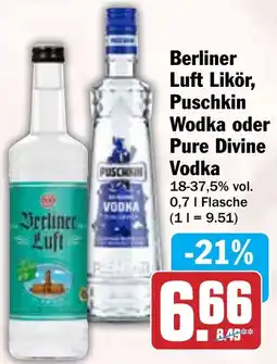 HIT Berliner Luft Likör, Puschkin Wodka oder Pure Divine Vodka Angebot