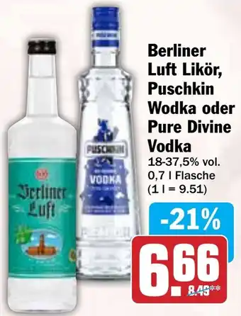HIT Berliner Luft Likör, Puschkin Wodka oder Pure Divine Vodka Angebot