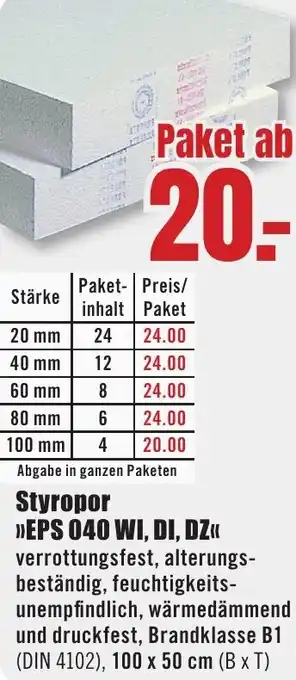 B1 Discount Baumarkt Styropor EPS 040 WI, DI, DZ Angebot