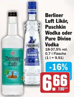 AEZ Berliner Luft Likör, Puschkin Wodka oder Pure Divine Vodka Angebot