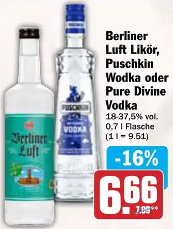AEZ Berliner Luft Likör, Puschkin Wodka oder Pure Divine Vodka Angebot
