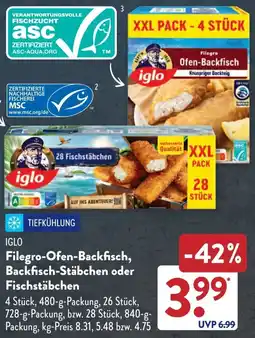 Aldi Süd IGLO Filegro-Ofen-Backfisch, Backfisch-Stäbchen oder Fischstäbchen Angebot