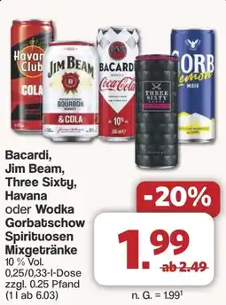 Famila Nord West Bacardi, Jim Beam, Three Sixty, Havana oder Wodka Gorbatschow Spirituosen Mixgetränke Angebot