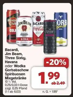 Famila Nord Ost Bacardi, Jim Beam, Three Sixty, Havana oder Wodka Gorbatschow Spirituosen Mixgetränke Angebot