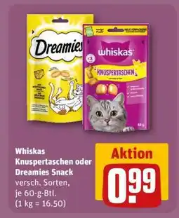 REWE Whiskas Knuspertaschen oder Dreamies Snack Angebot