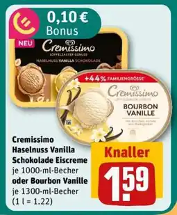REWE Cremissimo Haselnuss Vanilla Schokolade Eiscreme oder Bourbon Vanille Angebot
