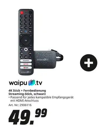 MediaMarkt Waipu.tv 4k stick + fernbedienung streaming-stick, schwarz Angebot