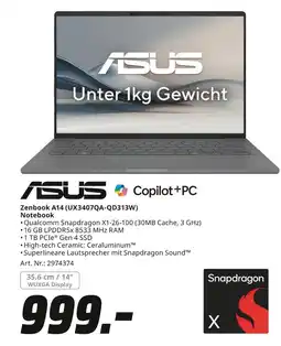 MediaMarkt Asus zenbook a14 (ux3407qa-qd313w) notebook Angebot