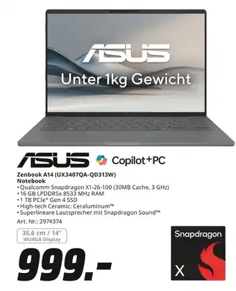 MediaMarkt Asus zenbook a14 (ux3407qa-qd313w) notebook Angebot
