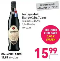 CITTI Markt Ron Legendario Elixir de Cuba, 7 Jahre Rumlikör, 34% Vol. Angebot