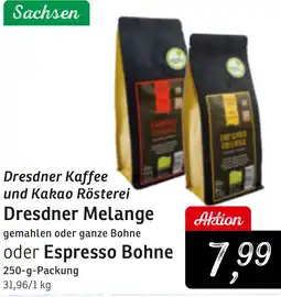 KONSUM Dresdner Kaffee und Kakao Rösterei Dresdner Melange oder Espresso Bohne Angebot