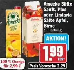 HIT Amecke Säfte Sanft, Plus oder Lindavia Säfte Apfel, Birne Angebot
