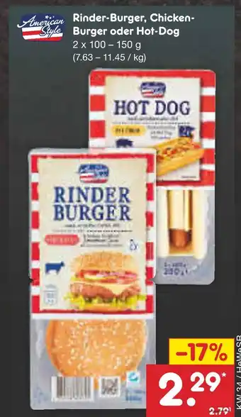 Netto Marken-Discount American style rinder-burger, chicken-burger oder hot-dog Angebot