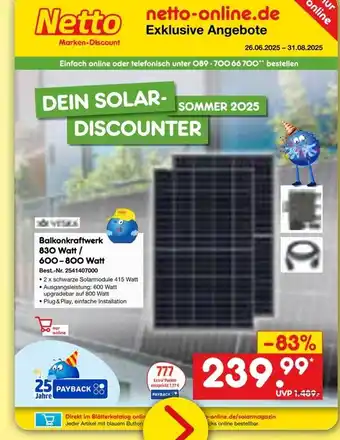 Netto Marken-Discount Balkonkraftwerk 830 watt / 600–800 watt Angebot