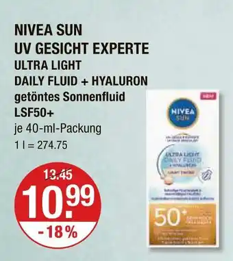 V Markt Nivea sun uv gesicht experte ultra light daily fluid + hyaluron getöntes sonnenfluid lsf50+ Angebot