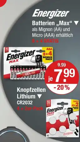 V Markt Energizer batterien max als mignon (aa) und micro (aaa) Angebot