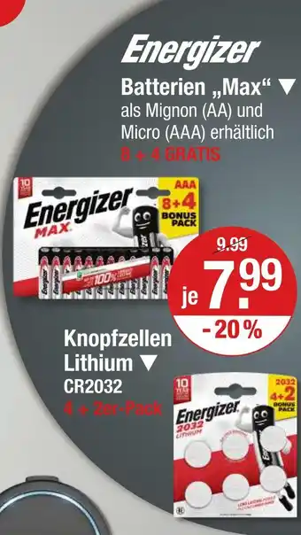 V Markt Energizer batterien max als mignon (aa) und micro (aaa) Angebot