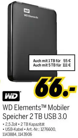 MEDIMAX WD Elements Mobiler Speicher 2 TB USB 3.0 Angebot