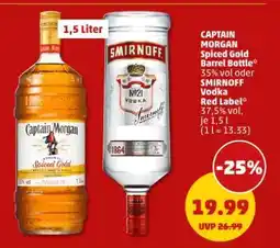 PENNY CAPTAIN MORGAN Spiced Gold Barrel Bottle* 35% vol oder SMIRNOFF Vodka Red Label* 37,5% vol, je 1,5 l Angebot