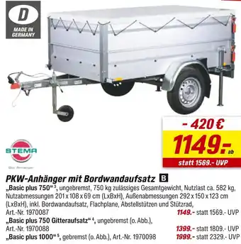 toom Baumarkt Stema pkw-anhänger mit bordwandaufsatz „basic plus 750“ Angebot