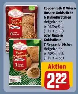 REWE Coppenrath & Wiese Unsere Goldstücke 6 Dinkelbrötchen oder Unsere Goldstücke 7 Roggenbrötchen Angebot