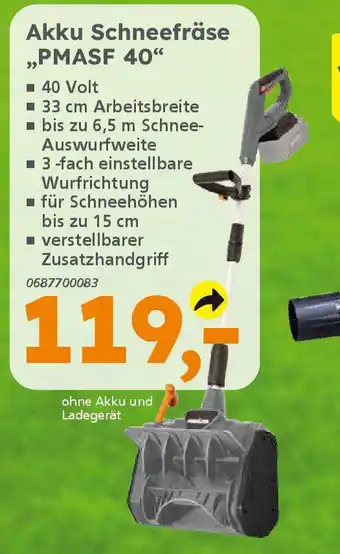 Globus Baumarkt PRIMASTER Akku Schneefräse „PMASF 40" Angebot