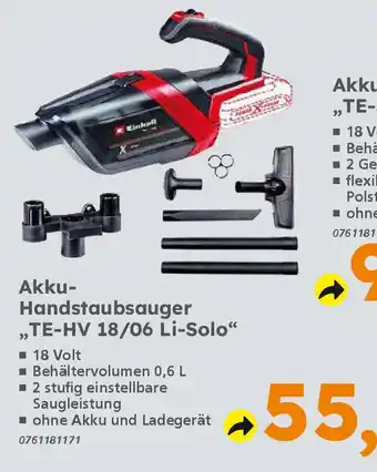 Globus Baumarkt Einhell Akku- Handstaubsauger ,TE-HV 18/06 Li-Solo" Angebot