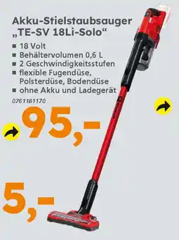 Globus Baumarkt Einhell Akku-Stielstaubsauger „TE-SV 18Li-Solo❝ Angebot
