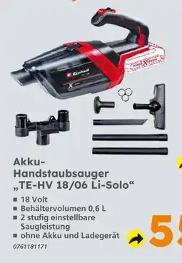 Globus Baumarkt Einhell akku-handstaubsauger te-hv 18/06 li-solo Angebot