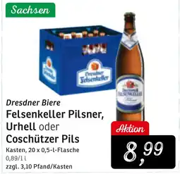 KONSUM Dresdner Biere Felsenkeller Pilsner, Urhell oder Coschützer Pils Angebot