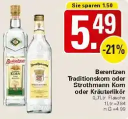 WEZ Berentzen Traditionskorn oder Strothmann Korn oder Kräuterlikör Angebot