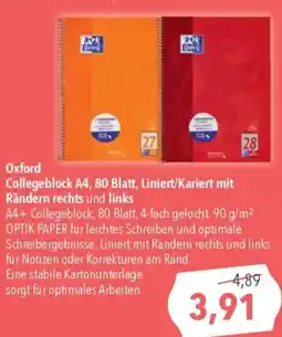 CITTI Markt Oxford Collegeblock A4, 80 Blatt, Liniert/Kariert mit Rändern rechts und links Angebot