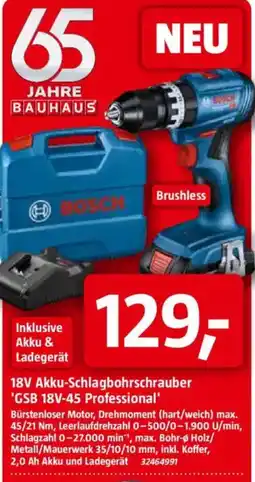Bauhaus BOSCH 18V Akku-Schlagbohrschrauber 'GSB 18V-45 Professional' Angebot