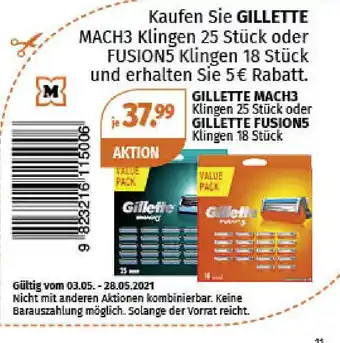 Müller Gillette Mach 3 Klingen oder Gillette Fusions Angebot