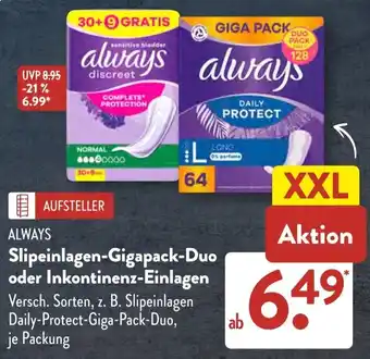Aldi Süd ALWAYS Slipeinlagen-Gigapack-Duo oder Inkontinenz-Einlagen Angebot