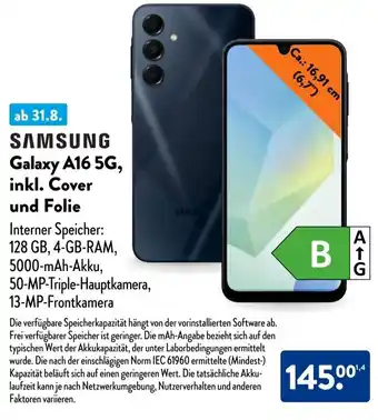 Aldi Süd SAMSUNG Galaxy A16 5G, inkl. Cover und Folie Angebot
